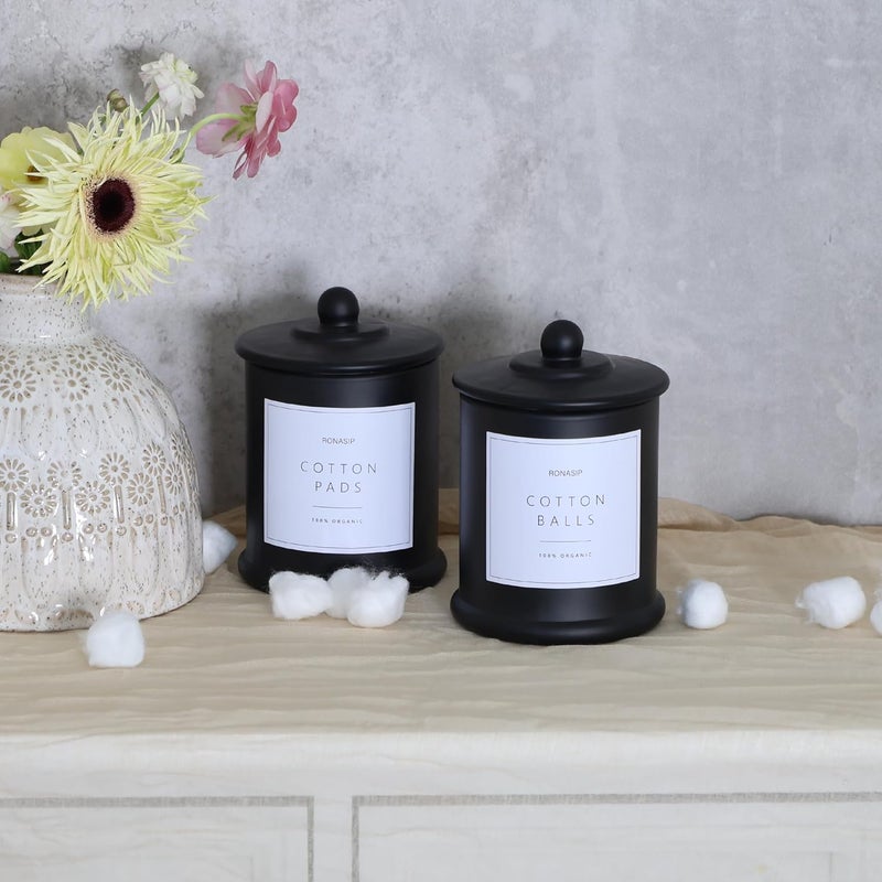 Ronasip Qtip Holder & Cotton Pad Dispenser, Bathroom Organizer and Storage Canisters, 16oz Glass Apothecary Jars for Kitchen, Restroom - Home Decor Accessories, Room Decor Aesthetic (2 Pack, Black) - Image 2